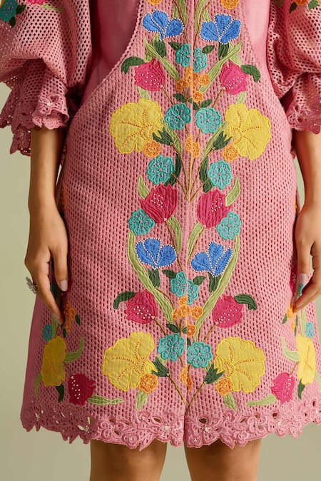 Chandrima_Pink Embroidery Mandarin Collar Applique Layered Short Dress _Online_at_Aza_Fashions