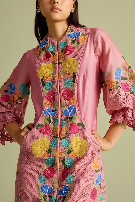 Buy_Chandrima_Pink Embroidery Mandarin Collar Applique Layered Short Dress _Online_at_Aza_Fashions