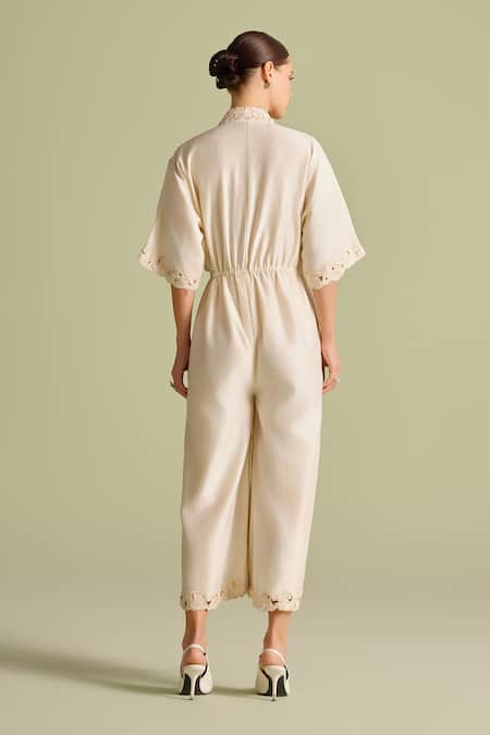 Shop_Chandrima_Ivory Embroidery Collared Floral Mosaic Jumpsuit _at_Aza_Fashions