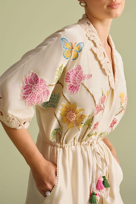 Buy_Chandrima_Ivory Embroidery Collared Floral Mosaic Jumpsuit _Online_at_Aza_Fashions