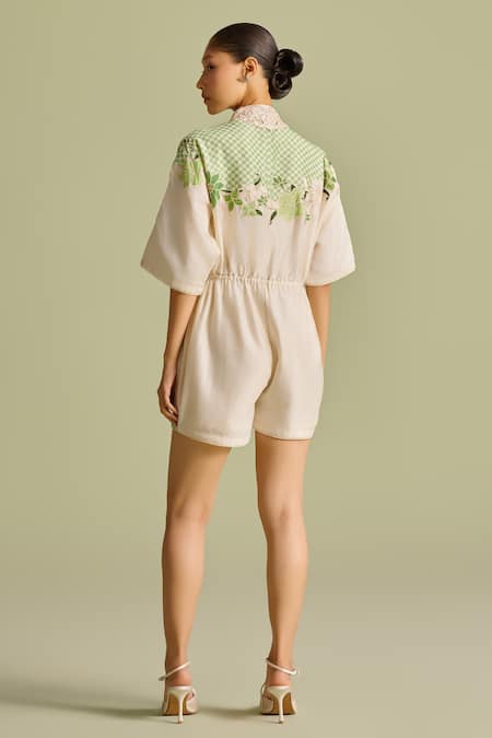 Shop_Chandrima_Ivory Chanderi Embroidery, Applique Collared And Mint Checkered Playsuit _at_Aza_Fashions
