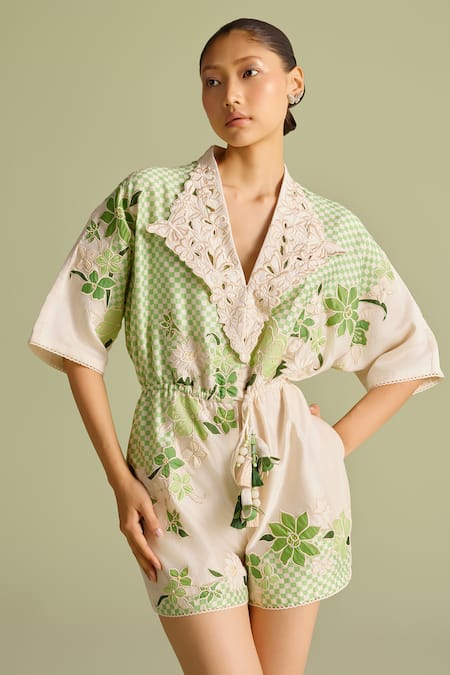 Chandrima_Ivory Chanderi Embroidery, Applique Collared And Mint Checkered Playsuit _Online_at_Aza_Fashions