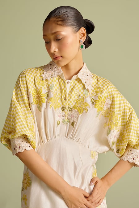 Chandrima_Ivory Chanderi Embroidery Collared Checkered Kimono Dress _Online_at_Aza_Fashions