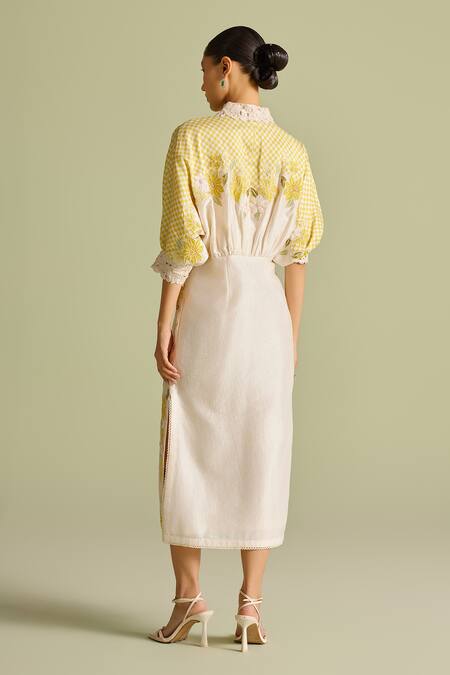 Shop_Chandrima_Ivory Chanderi Embroidery Collared Checkered Kimono Dress _at_Aza_Fashions
