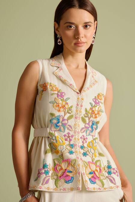 Chandrima_Ivory Chanderi Beads Open Neck Embroidered Waistcoat _Online_at_Aza_Fashions