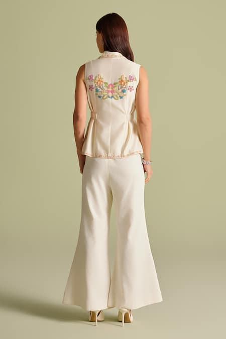 Shop_Chandrima_Ivory Chanderi Beads Open Neck Embroidered Waistcoat _at_Aza_Fashions