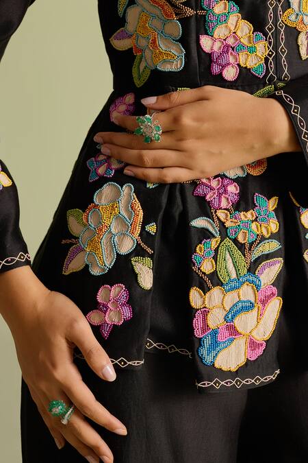Chandrima Black Embroidery V-neck Floral Peplum Jacket Online at Aza Fashions Chandrima_Black Embroidery V-neck Floral Peplum Jacket _Online_at_Aza_Fashions