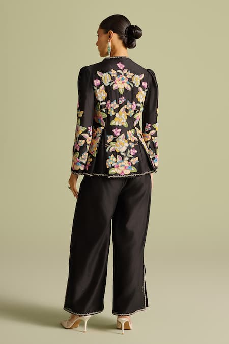 Shop Chandrima Black Embroidery V-neck Floral Peplum Jacket at Aza Fashions Shop_Chandrima_Black Embroidery V-neck Floral Peplum Jacket _at_Aza_Fashions