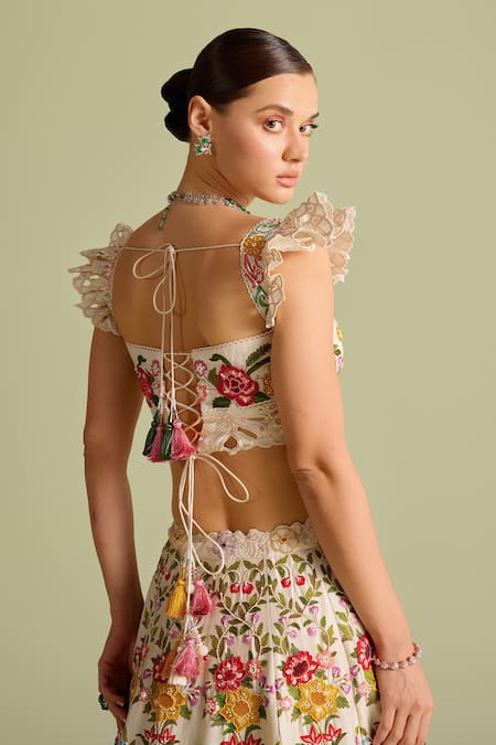Shop_Chandrima_Ivory Cotton, Chanderi Tassels Square Neck Embroidered Floral Bustier _at_Aza_Fashions