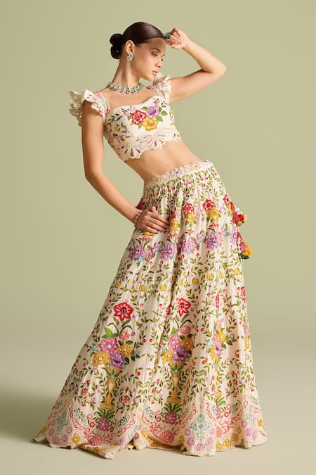 Shop Chandrima Ivory Tassels, Embroidery Floral Threadwork Lehenga Skirt at Aza Fashions Shop_Chandrima_Ivory Tassels, Embroidery Floral Threadwork Lehenga Skirt _at_Aza_Fashions