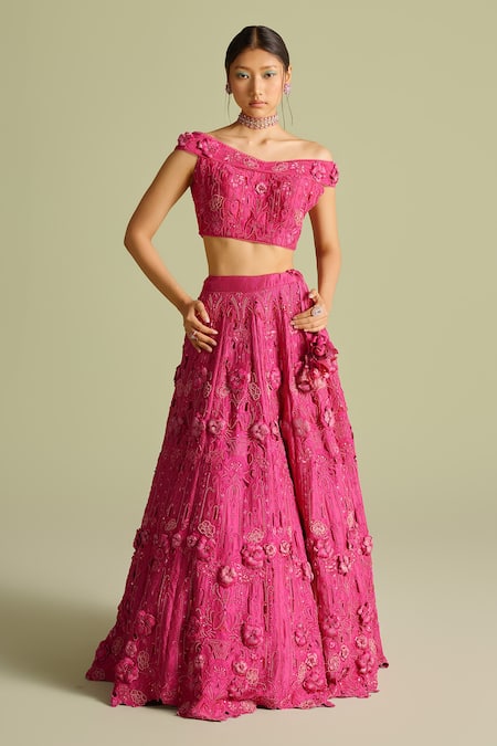 Chandrima_Fuchsia Embroidery, Applique Off-shoulder Cutwork Bustier _Online_at_Aza_Fashions