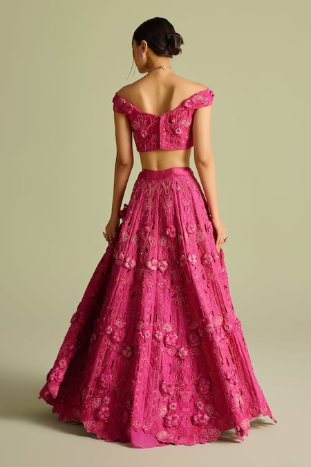 Shop Chandrima Fuchsia Silk, Cotton Applique, Cut Work, Sequins Cutwork 3d Lehenga at Aza Fashions Shop_Chandrima_Fuchsia Silk, Cotton Applique, Cut Work, Sequins Cutwork 3d Lehenga _at_Aza_Fashions