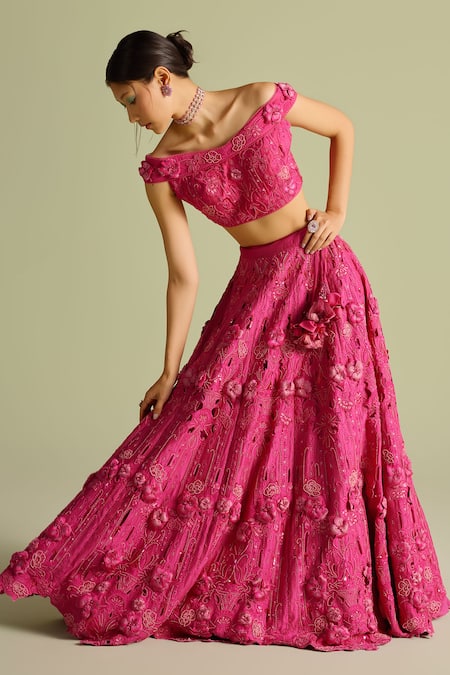 Chandrima Fuchsia Silk, Cotton Applique, Cut Work, Sequins Cutwork 3d Lehenga Online at Aza Fashions Chandrima_Fuchsia Silk, Cotton Applique, Cut Work, Sequins Cutwork 3d Lehenga _Online_at_Aza_Fashions