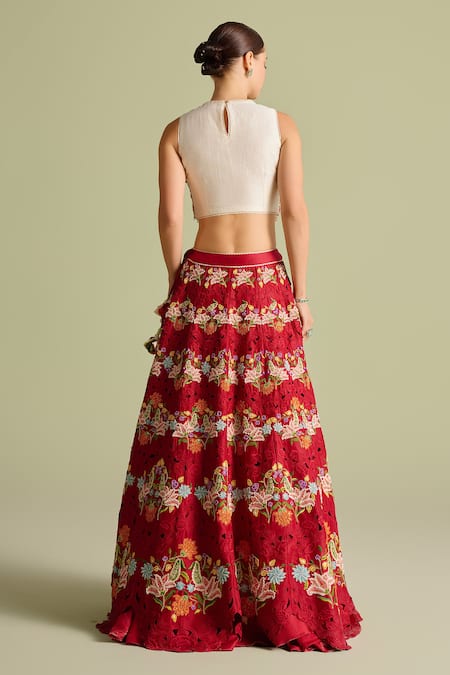 Shop_Chandrima_Ivory Embroidery Round Neck 3d Scallop Crop Top _at_Aza_Fashions