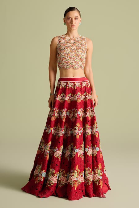 Chandrima_Ivory Embroidery Round Neck 3d Scallop Crop Top _Online_at_Aza_Fashions