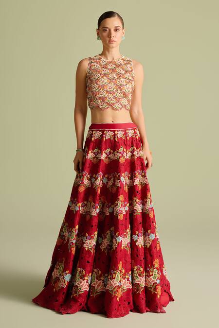 Chandrima_Red Cotton Embroidery Round Neck Floral Scallop Lehenga _Online_at_Aza_Fashions