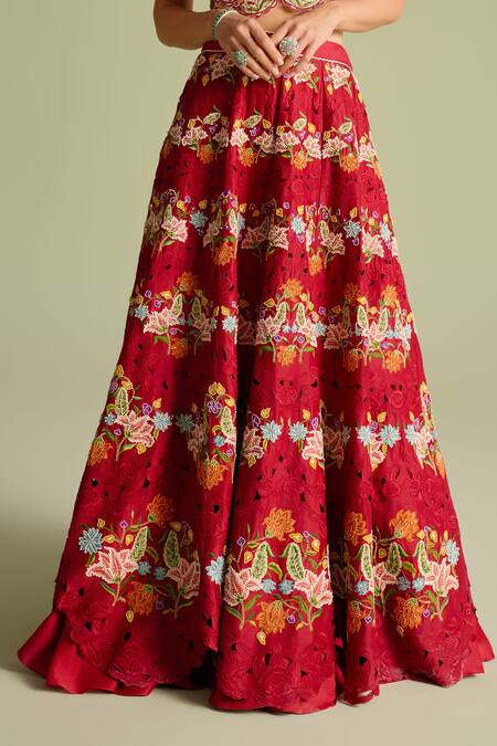 Buy_Chandrima_Red Cotton Embroidery Round Neck Floral Scallop Lehenga _Online_at_Aza_Fashions