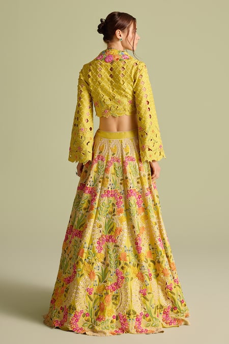 Shop_Chandrima_Yellow Cotton Embroidery, Cut Work V-neck Bolero Jacket _at_Aza_Fashions