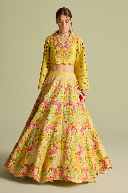 Chandrima_Yellow Cotton Embroidery, Cut Work V-neck Bolero Jacket _Online_at_Aza_Fashions