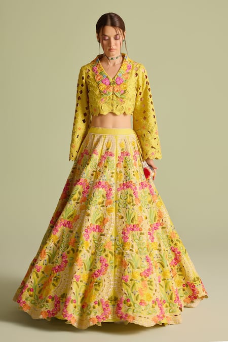 Chandrima_Yellow Chanderi Beads, Embroidery Floral Lehenga _Online_at_Aza_Fashions