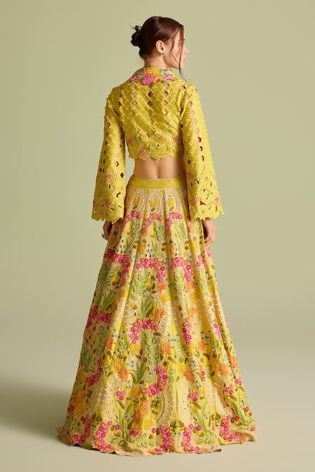 Shop_Chandrima_Yellow Chanderi Beads, Embroidery Floral Lehenga _at_Aza_Fashions