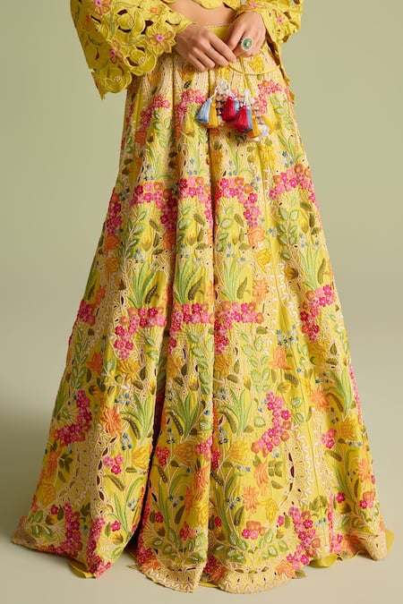 Buy_Chandrima_Yellow Chanderi Beads, Embroidery Floral Lehenga _Online_at_Aza_Fashions