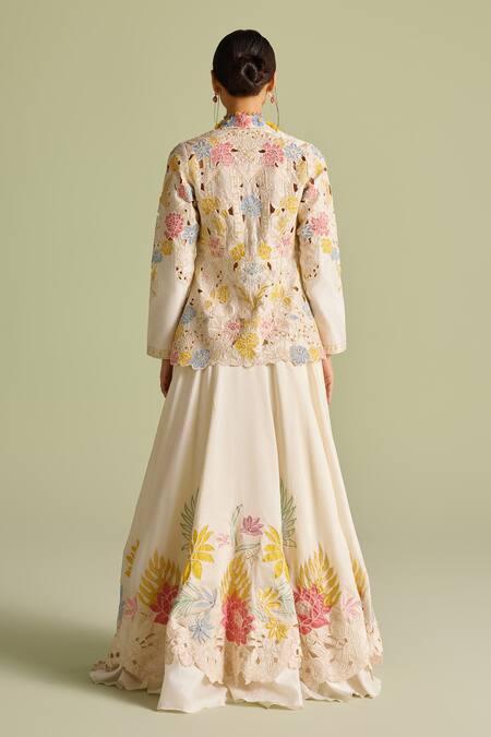 Shop_Chandrima_Ivory Embroidery Round Neck Peplum Jacket _at_Aza_Fashions