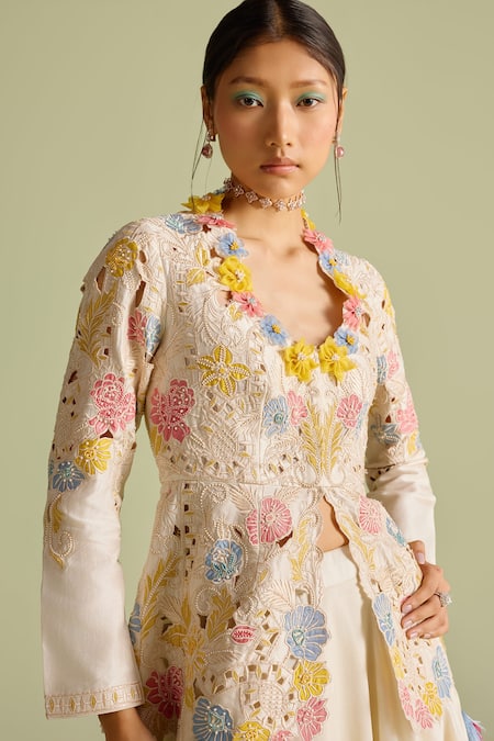 Chandrima_Ivory Embroidery Round Neck Peplum Jacket _Online_at_Aza_Fashions