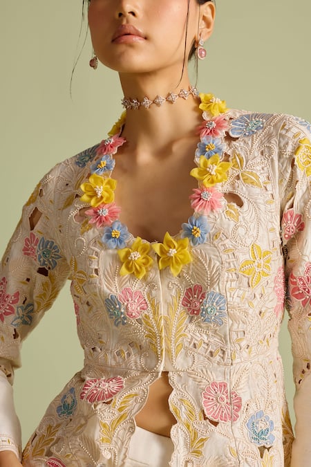 Buy_Chandrima_Ivory Embroidery Round Neck Peplum Jacket _Online_at_Aza_Fashions