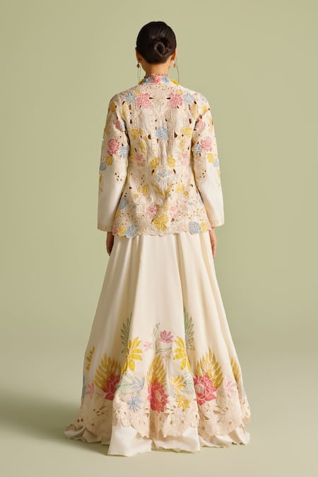 Shop_Chandrima_Ivory Chanderi Embroidery, Cut Work Pastel Applique Layered Lehenga _at_Aza_Fashions