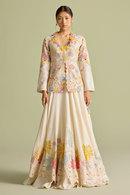 Chandrima_Ivory Chanderi Embroidery, Cut Work Pastel Applique Layered Lehenga _Online_at_Aza_Fashions