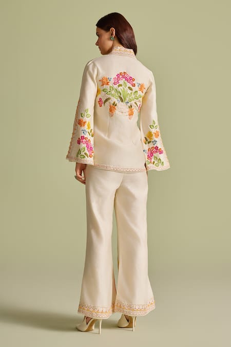 Shop Chandrima Ivory Cotton Embroidery Collared Floral Threadwork Jacket at Aza Fashions Shop_Chandrima_Ivory Cotton Embroidery Collared Floral Threadwork Jacket _at_Aza_Fashions