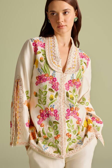 Buy Chandrima Ivory Cotton Embroidery Collared Floral Threadwork Jacket Online at Aza Fashions Buy_Chandrima_Ivory Cotton Embroidery Collared Floral Threadwork Jacket _Online_at_Aza_Fashions