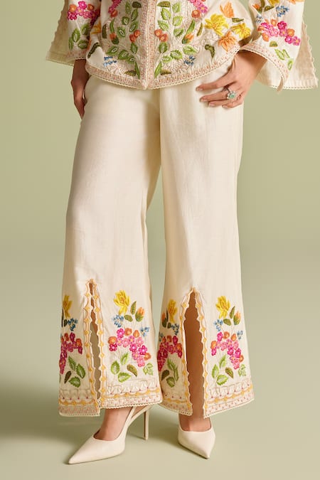 Chandrima Ivory Cotton Embroidery Floral Threadwork Bell Bottom Pants Online at Aza Fashions Chandrima_Ivory Cotton Embroidery Floral Threadwork Bell Bottom Pants _Online_at_Aza_Fashions