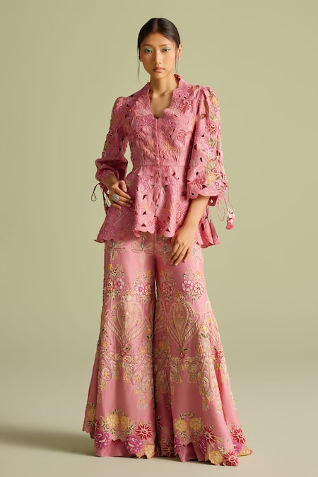 Chandrima_Pink Cotton Embroidery Split V-neck Cutwork Peplum Jacket _Online_at_Aza_Fashions
