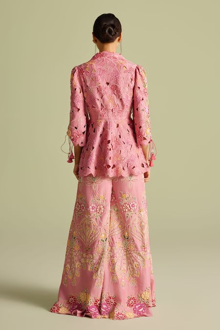 Shop_Chandrima_Pink Cotton Embroidery Split V-neck Cutwork Peplum Jacket _at_Aza_Fashions