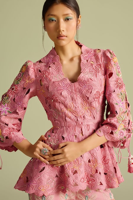 Buy_Chandrima_Pink Cotton Embroidery Split V-neck Cutwork Peplum Jacket _Online_at_Aza_Fashions