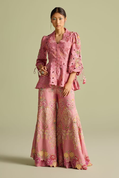 Chandrima_Pink Embroidery Sharara Pants _Online_at_Aza_Fashions