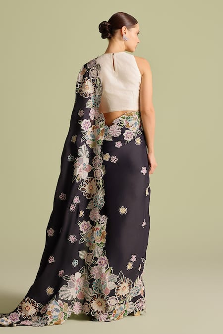 Shop_Chandrima_Ivory Cotton Fabric Flowers Round Neck 3d Rose Applique Blouse _at_Aza_Fashions
