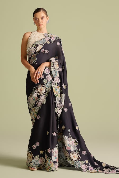 Chandrima_Ivory Cotton Fabric Flowers Round Neck 3d Rose Applique Blouse _Online_at_Aza_Fashions