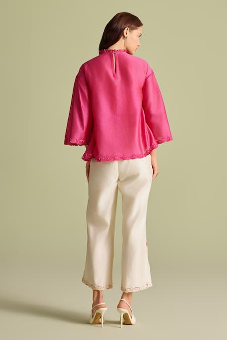 Shop_Chandrima_Fuchsia Chanderi Embroidery Round Neck Applique Floral Top _at_Aza_Fashions