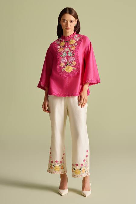 Chandrima_Fuchsia Chanderi Embroidery Round Neck Applique Floral Top _Online_at_Aza_Fashions