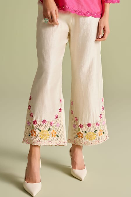 Chandrima_Ivory Embroidery Mesh Panelled Pants _Online_at_Aza_Fashions