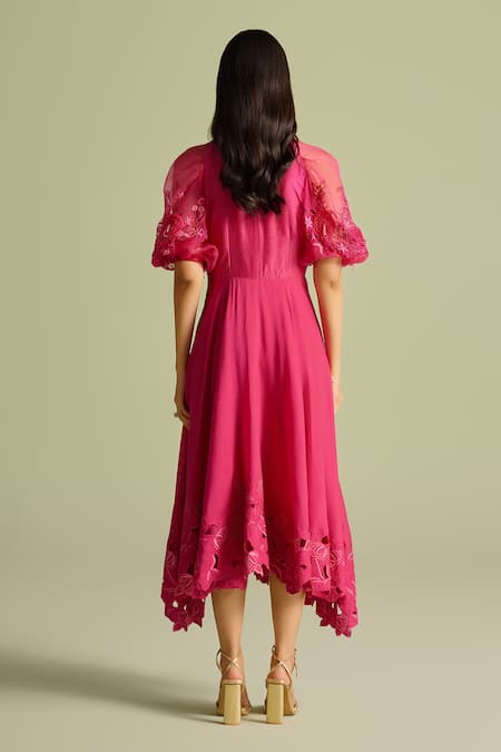 Shop_Chandrima_Fuchsia Fabric Flowers Round Neck 3d Rose Applique Flounce Midi Dress _at_Aza_Fashions