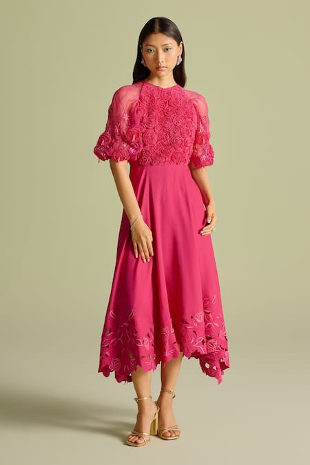 Chandrima_Fuchsia Fabric Flowers Round Neck 3d Rose Applique Flounce Midi Dress _Online_at_Aza_Fashions