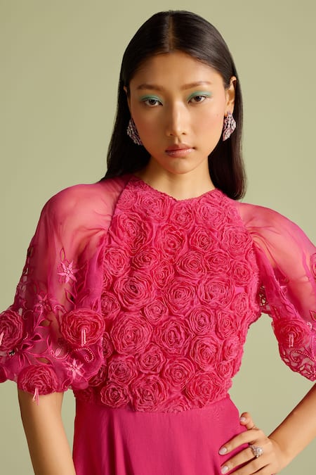 Buy_Chandrima_Fuchsia Fabric Flowers Round Neck 3d Rose Applique Flounce Midi Dress _Online_at_Aza_Fashions