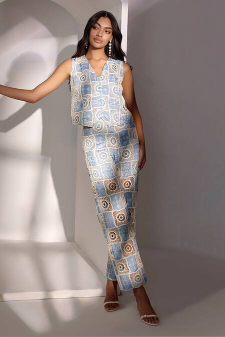 Label Deepika Nagpal Blue Denim V-neck Mesh Waistcoat And Pant Set Online at Aza Fashions Label Deepika Nagpal_Blue Denim V-neck Mesh Waistcoat And Pant Set_Online_at_Aza_Fashions