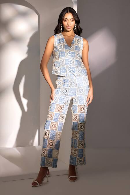 Shop Label Deepika Nagpal Blue Denim V-neck Mesh Waistcoat And Pant Set Online at Aza Fashions Shop_Label Deepika Nagpal_Blue Denim V-neck Mesh Waistcoat And Pant Set_Online_at_Aza_Fashions