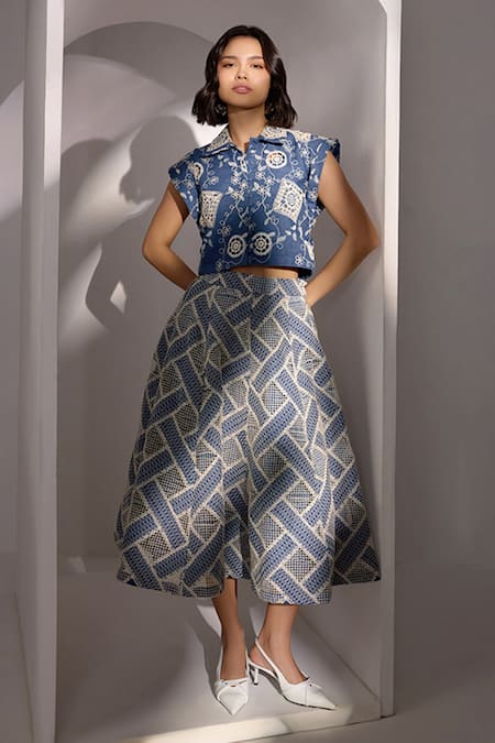 Label Deepika Nagpal Blue Denim Embroidery Collared Top And Midi Skirt Set Online at Aza Fashions Label Deepika Nagpal_Blue Denim Embroidery Collared Top And Midi Skirt Set _Online_at_Aza_Fashions