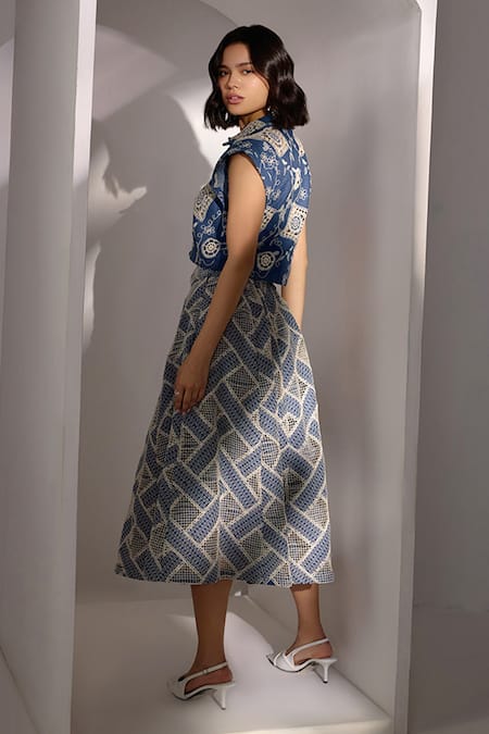 Shop Label Deepika Nagpal Blue Denim Embroidery Collared Top And Midi Skirt Set at Aza Fashions Shop_Label Deepika Nagpal_Blue Denim Embroidery Collared Top And Midi Skirt Set _at_Aza_Fashions
